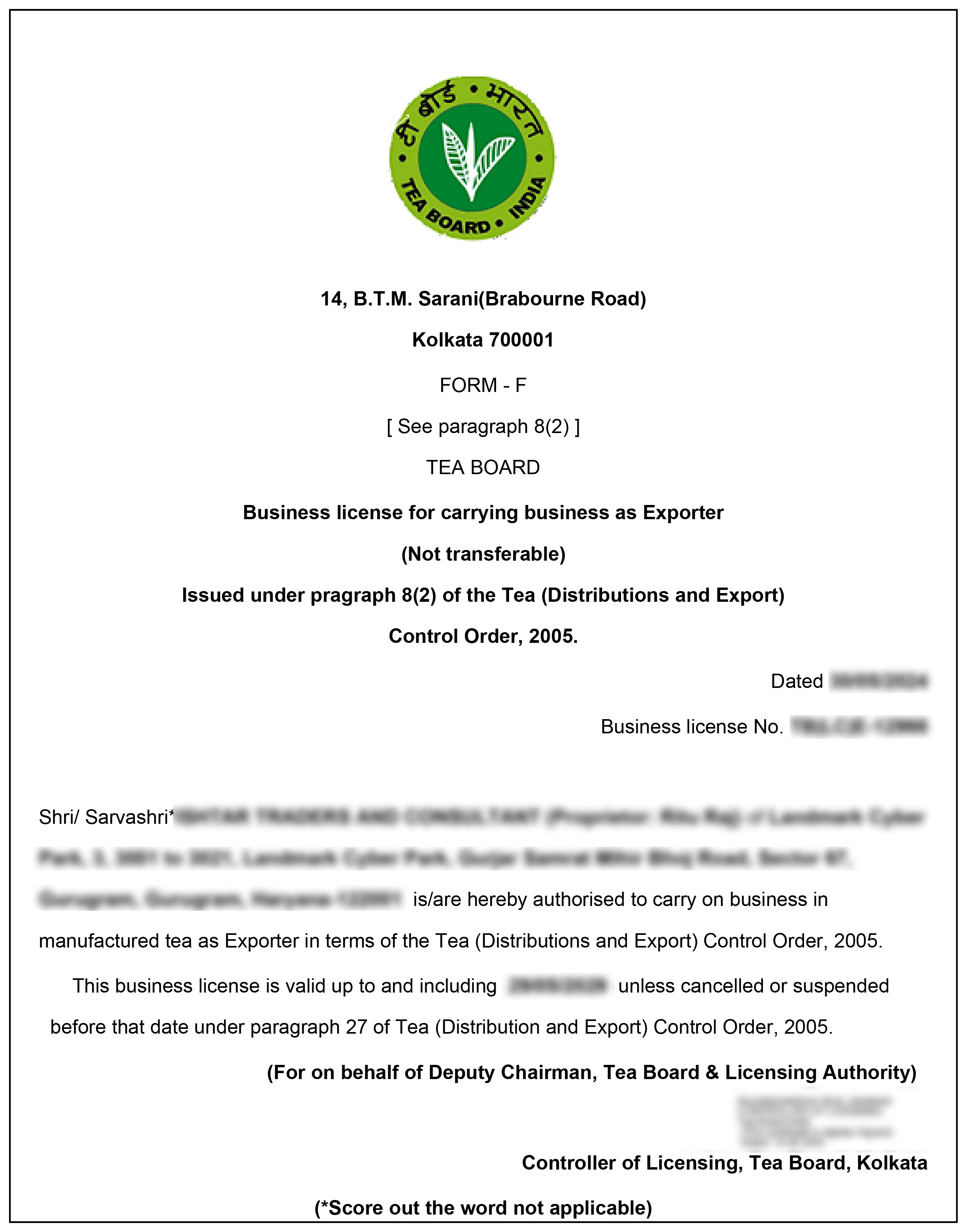 Tea Board Exporter License Kolkata Sample Certificate